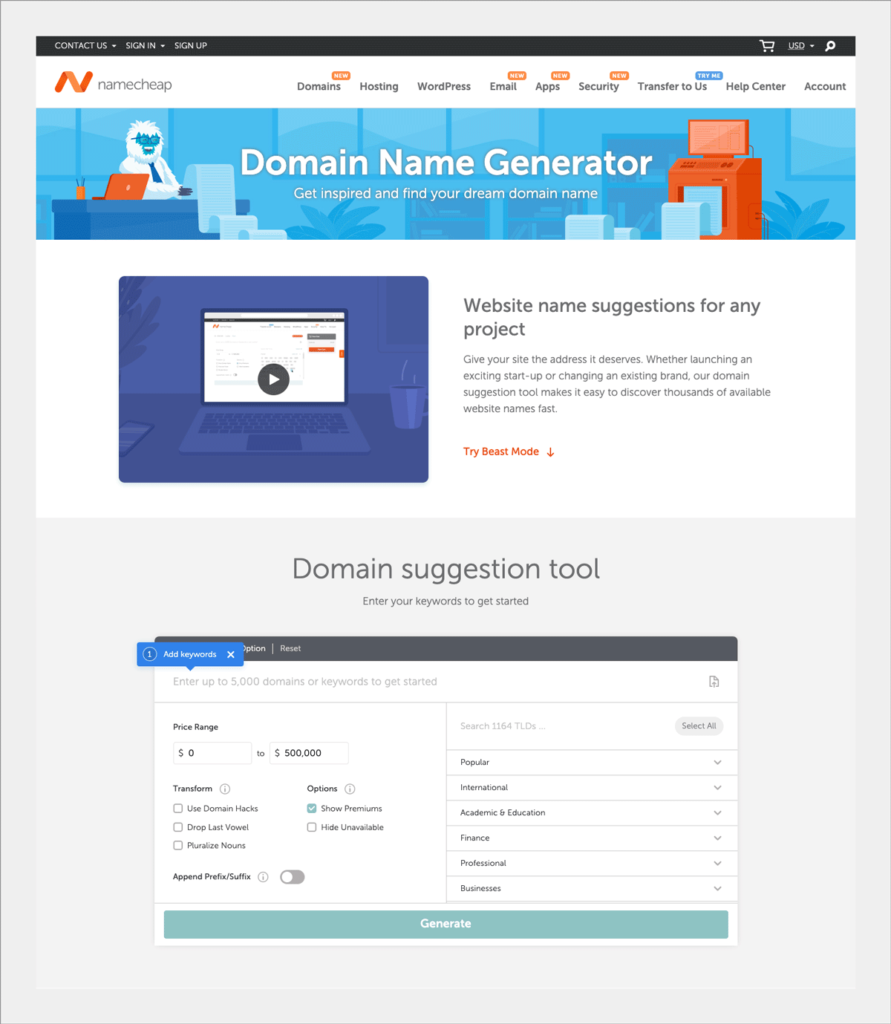 Namecheap.com Domain Name Generator